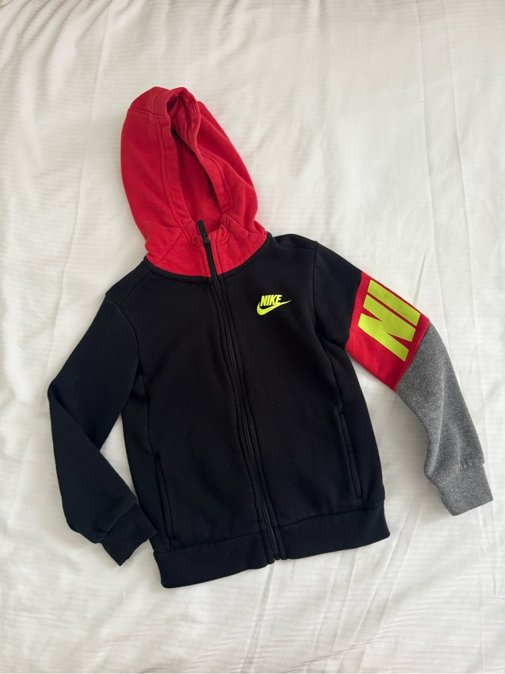 Nike Kids Black Hoodie with Red Hood and Gray Sleeve